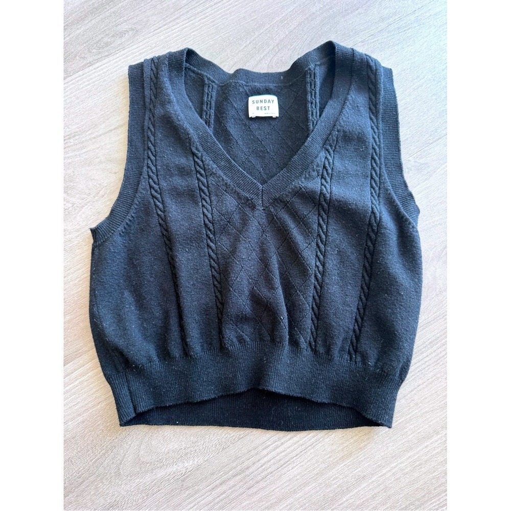 Sunday Best Vest Cable Knit Cropped Sweater Black - V-Neck Sz XS